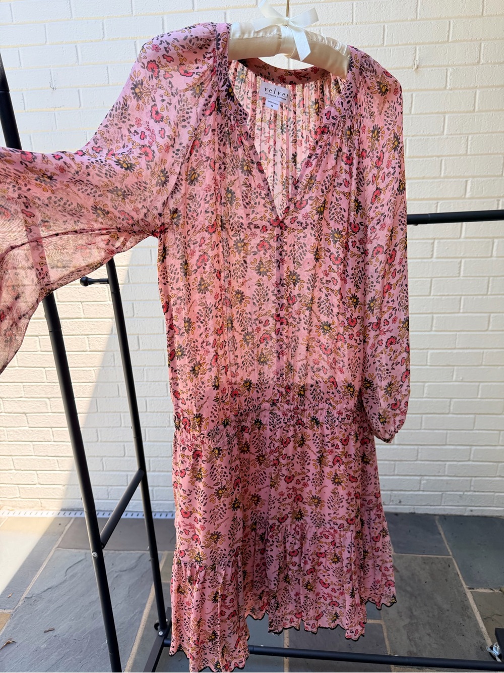 Velvet by Graham & Spencer Dusty Pink Floral Tiered Long-Sleeve Dress M